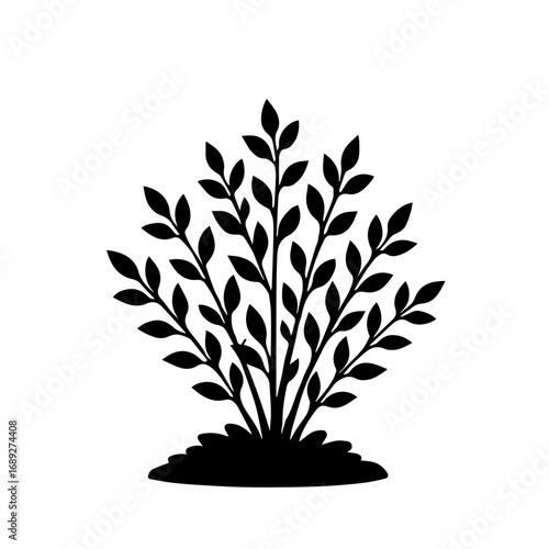 Silhouette bush with leaves isolated vector - Black silhouette of a leafy bush growing from the ground, simple nature vector design for decoration, logo, or botanical illustration.
