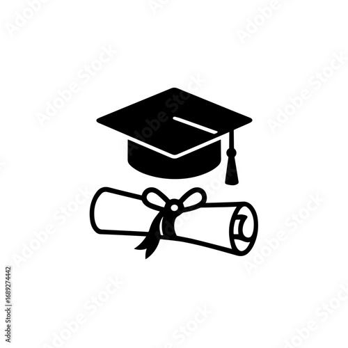 Graduation cap and diploma certificate icon - Black silhouette of a graduation cap and diploma scroll symbolizing education success, academic achievement, certification, learning, and university compl
