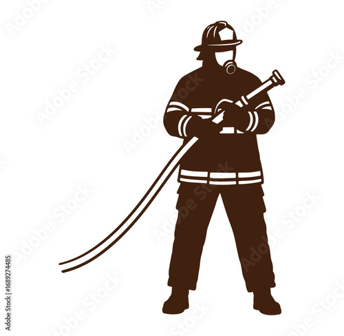 Silhouette illustration of a brave firefighter holding a hose ready to extinguish flames or save lives