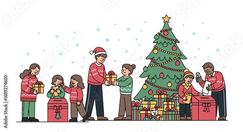 Family and children exchanging gifts and donating to a charity at Christmas.
