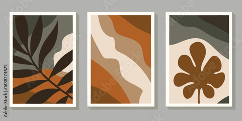 Set of three abstract minimalist mid century modern wall art prints featuring organic shapes and botanical elements in earthy tones
