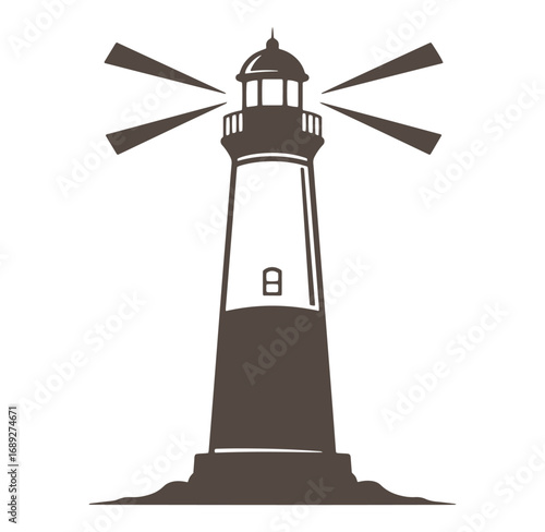 Silhouette of a classic lighthouse showing beacon light and strong structure on a white background.