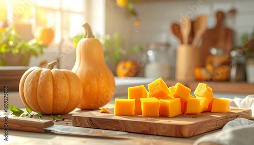 Fresh butternut squash on a wooden cutting board, half showing seeds and bright orange flesh beside neatly cut cubes. Warm sunlight enhances the rustic, cozy kitchen atmosphere and natural beauty.