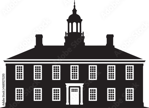 Silhouette of Historic Building with Cupola and Chimneys Against Transparent Background