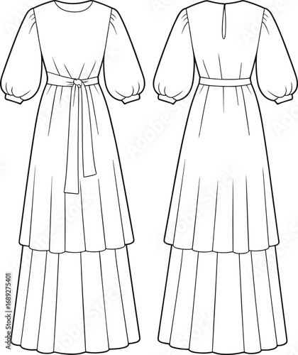 Maxi tiered dress fashion technical flat, long sleeve design template, front and back cad sketch for garment designers.