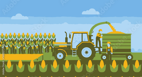 Harvest scene shows tractor in field with ripe corn, loading crop into trailer. Harvest season brings bountiful maize and agricultural machinery together on farming land.