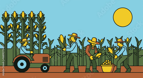 Harvesting corn with workers in rural field with tractor and yellow sun. Corn harvest shows teamwork and agricultural labor in autumn, a season of bounty.