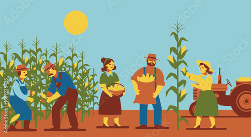 Autumn harvest season with farmers collecting corn in field with tractor. Autumn harvest includes workers gathering corn stalks and cobs under sunny sky, representing agricultural abundance.