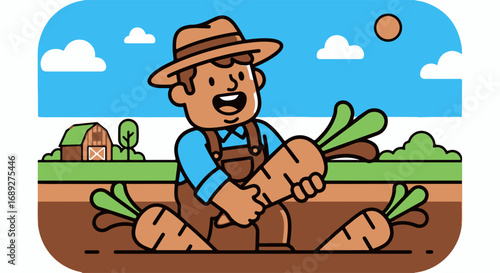 Autumn harvest illustration of farmer holding fresh carrots in field, showing off seasonal produce. Autumn harvest scene with smiling farmer in hat and overalls,