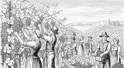 Harvest season illustration with farmworkers gathering grapes in vineyard. Harvest season view highlights people collecting grapes on rural estate, with hills and houses in distance.