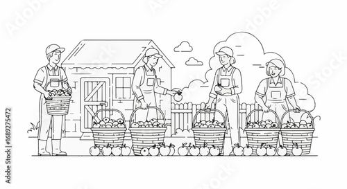 Farmers harvesting apples during autumn, with a group of workers gathering fruit in baskets. Apple harvesting shows dedication in rural scenery, with diligent employees in line.