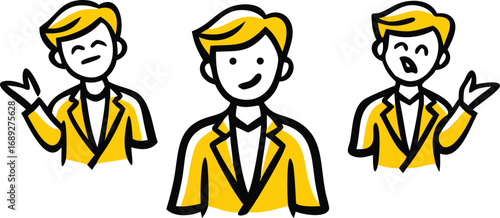 Three cartoon men in yellow jackets expressing different emotions and gestures in a row transparent background