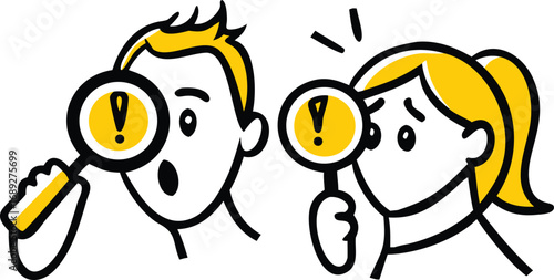 Excited man and woman discovering important information with magnifying glasses transparent background
