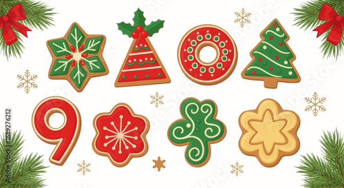 A festive arrangement of Christmas gingerbread cookies in various shapes, adorned with icing, and holiday decorations.