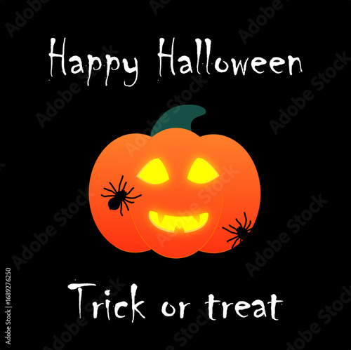 Halloween card with pumpkin, spiders and inscription "Happy Halloween" 