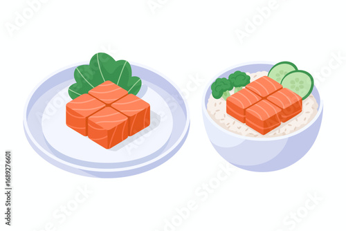 Healthy Salmon Donburi Bowl and Salmon Sashimi Plate Delicious Japanese Cuisine Presentation