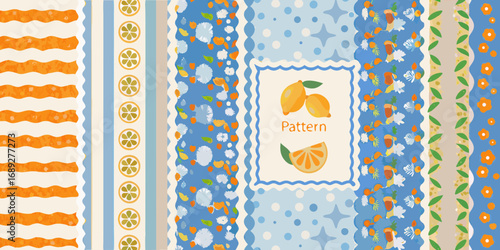 A charming collage of vertical fabric patterns featuring lemons and floral elements in a cheerful color palette