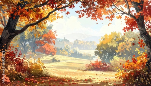 A picturesque autumn scene with colorful trees and a serene landscape under a clear blue sky. The leaves are in vibrant shades of red, orange, and yellow, creating a warm and inviting atmosphere. 