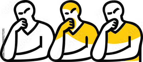 Three people thinking deeply in yellow and white outline style transparent background