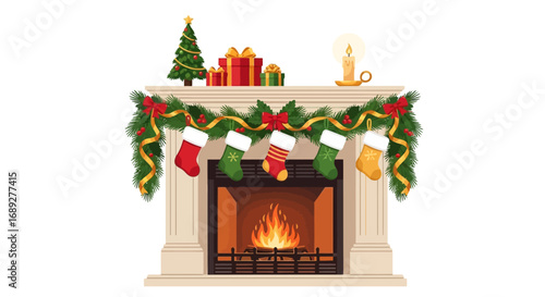 A decorated fireplace with stockings, gifts, tree, garland, and a burning fire.