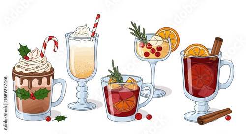 Festive winter drinks in various glasses, decorated with holly, citrus, and spices.