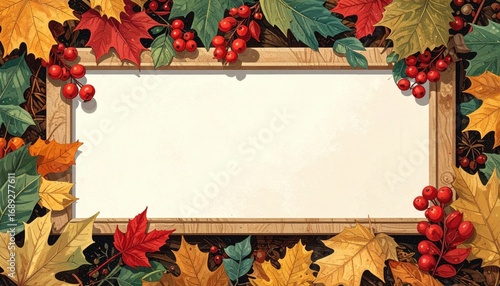 A blank sign surrounded by autumnal leaves and berries. The scene is inviting and perfect for fall-themed messages or designs. 