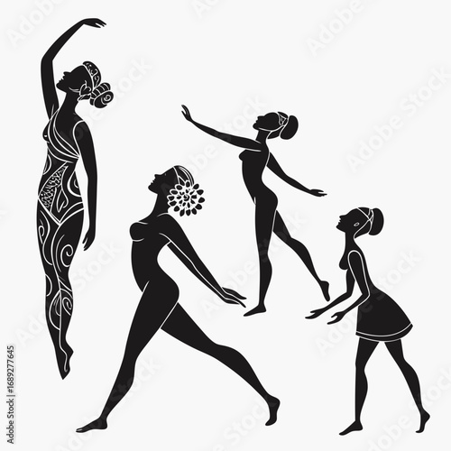 Elegant black silhouette of four diverse women in graceful dancing poses against a white background representing movement and artistry