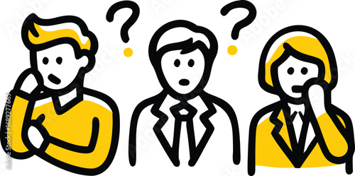 Three people expressing confusion with question marks overhead simple line art style transparent background
