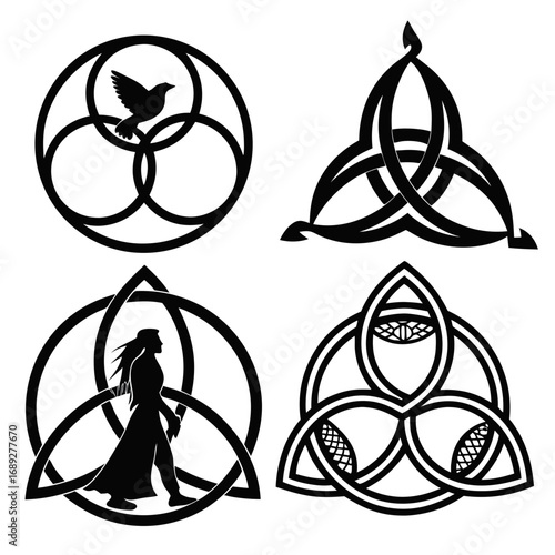 Collection of four black celtic knot designs featuring a dove a woman and intricate geometric patterns on a white background