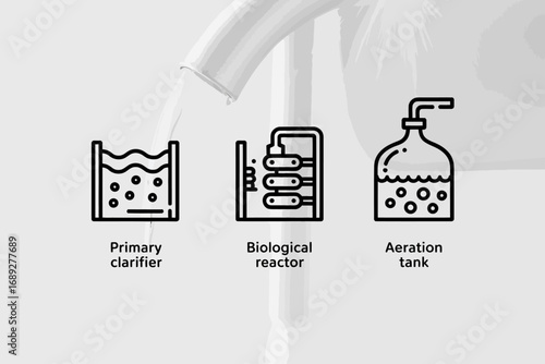 Water Treatment Process Illustrated with Icons of Primary Clarifier Biological Reactor and Aeration Tank Depicting Environmental Management and Purification