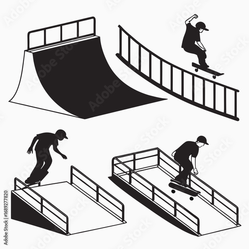 Collection of stylized black and white illustrations depicting skateboarders performing tricks on various ramps and obstacles within a skatepark environment