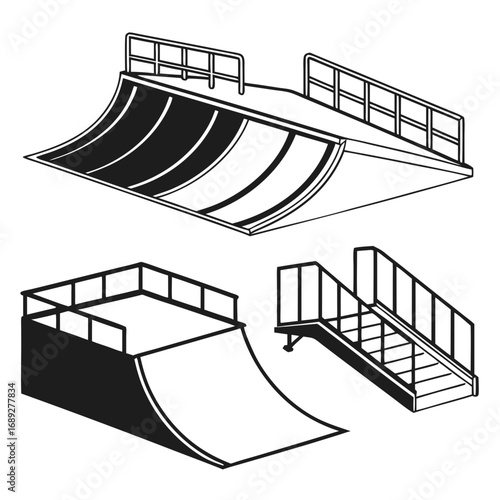 Set of three black and white line art illustrations of skate park ramps and obstacles including a quarter pipe a box jump with a ramp and a set of stairs with a platform