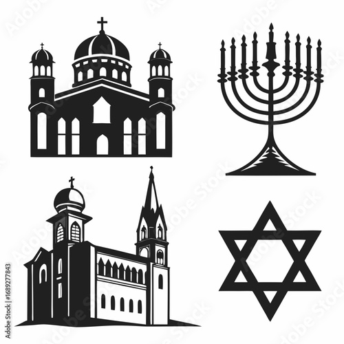 Collection of religious symbols featuring christian churches and jewish icons including a menorah and star of david