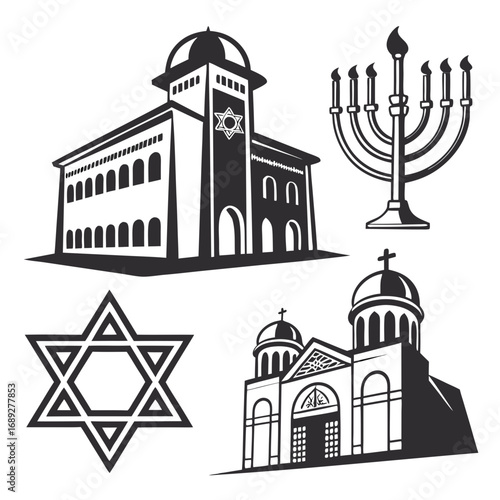 Collection of religious symbols and architecture featuring a synagogue a menorah a star of david and a church