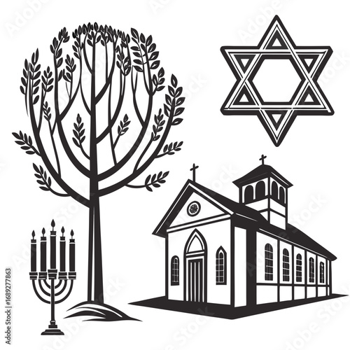 Diverse religious symbols and a tree representing different faiths and nature including a star of david a church a menorah and a stylized tree