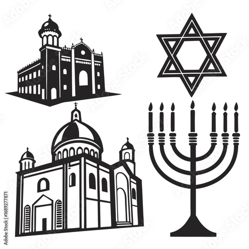 Collection of religious symbols featuring two distinct church buildings a star of david and a menorah presented in a black and white silhouette style
