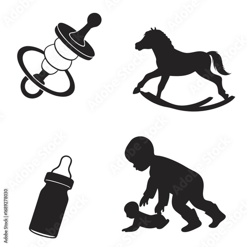 Collection of black silhouette icons representing baby essentials and toys including a rattle rocking horse baby bottle and two babies playing