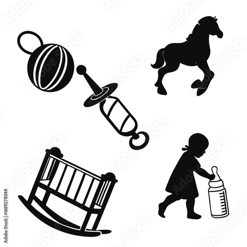 A collection of black silhouette icons representing baby items and a toy horse on a white background perfect for design elements