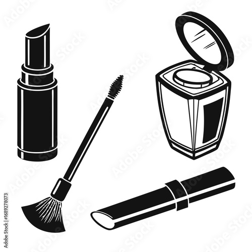A black and white illustration of various makeup items including lipstick mascara wand a compact powder with mirror and another lipstick tube