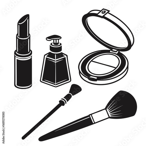 A collection of black and white silhouette illustrations of essential makeup items including lipstick a pump dispenser bottle a compact powder and two makeup brushes