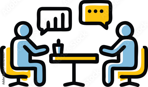 Two people in a business meeting discussing ideas through speech bubbles at a table transparent background