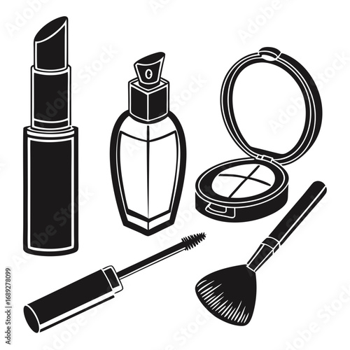 A collection of black and white graphic icons representing essential makeup items including lipstick mascara perfume bottle compact powder and a makeup brush for beauty and cosmetic themes