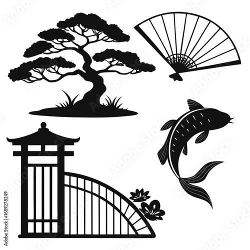 A collection of japanese cultural icons in silhouette including a bonsai tree a folding fan a carp fish and a traditional gate with lotus flowers