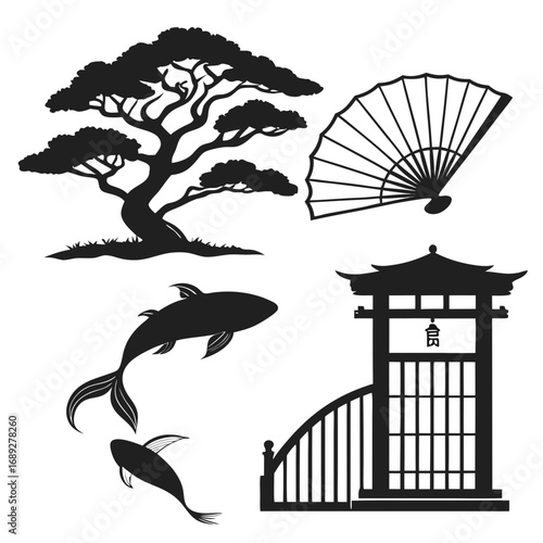 Collection of japanese cultural icons including a bonsai tree a folding fan koi fish and a traditional gate presented as black silhouettes on a white background