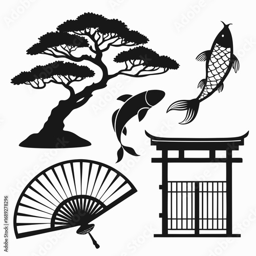 Collection of traditional japanese cultural elements including a bonsai tree koi fish a torii gate and a folding fan presented as black silhouettes on a white background