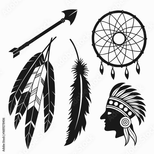 A collection of black silhouette icons representing native american culture including a dreamcatcher an arrow feathers and a profile of a native american chief in traditional headdress