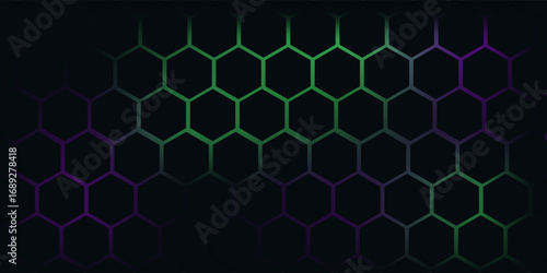 Dark hexagonal technology abstract vector background with purple and green colored bright flashes under hexagon. Hexagonal gaming vector.