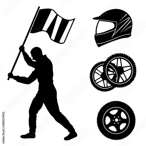 Silhouette of a person waving a checkered flag with racing helmet and wheels representing motorsport and victory