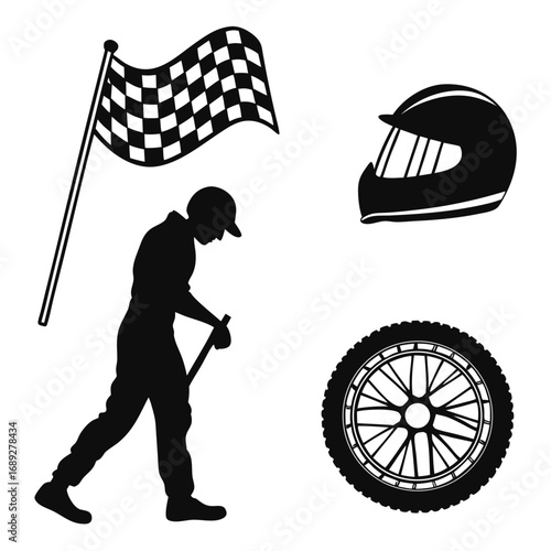 Silhouette collection of racing elements including a checkered flag a person in racing attire a helmet and a tire representing speed and competition