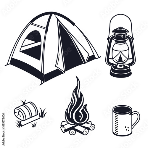 A collection of camping icons including a tent lantern campfire sleeping roll and mug perfect for outdoor adventure and travel themes